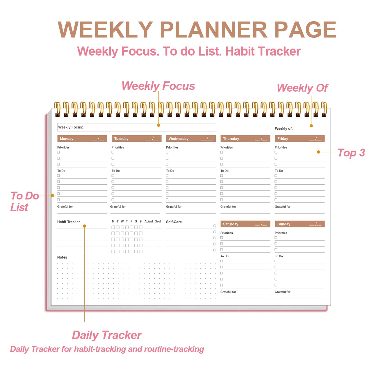 Weekly Productivity Planner - 8" x 11" Dashboard Desk Pad/Planner, Habit Tracker, Spiral Undated Weekly Planner for Office/School/Home, 54 Weeks, Pink