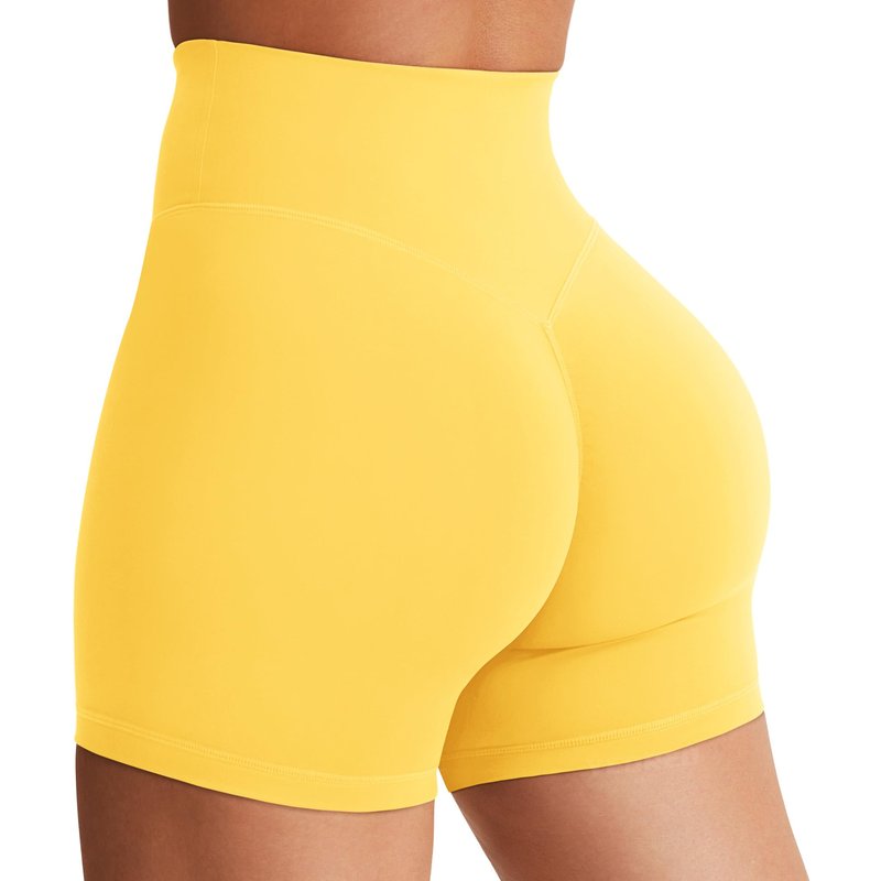 YEOREO Women's Biker Shorts 4.5" / 6" Workout Gym Shorts High Waist Tummy Control Hidden Scrunch Running Yoga Yellow