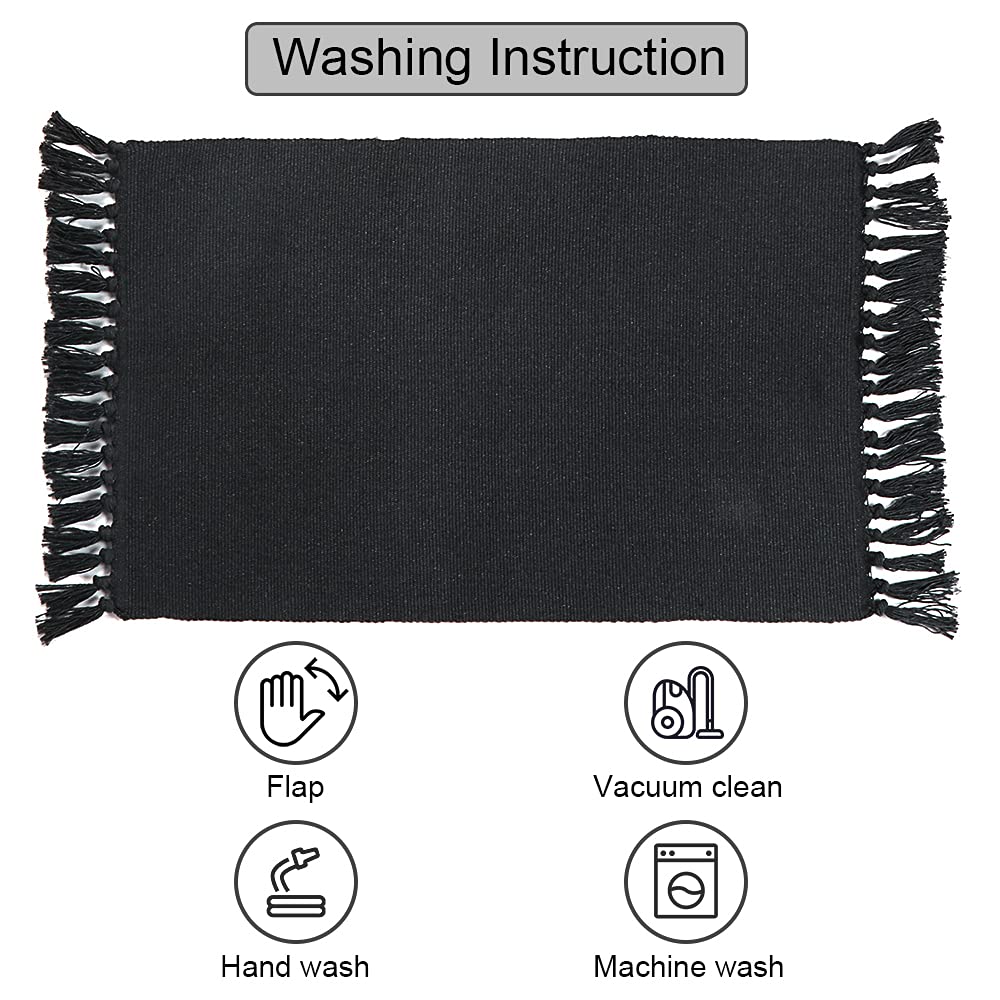 Seavish Black Kitchen Rug, 2x3 Cotton Hand Woven Recycled Throw Rug Runner Braided Entryway Floor Mat for Laundry Room Bathroom Bedroom Dorm