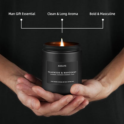 2 Pack Teakwood & Mahogany Candle | Scented Candles for Men, Man Gifts for Men - Masculine Candles - Soy Candle for Home Scented - 7oz Black Jar, Long Lasting