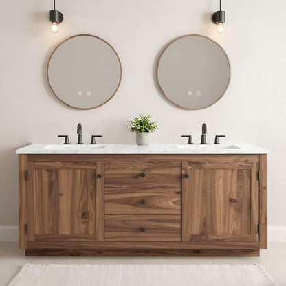 High QLO 80IN Bathroom Vanity - Modern Bathroom Vanity with Double Sink Includes Wood Grain Cabinet & Textured Countertop | American Retro Style,Round Smart Defogging Mirror