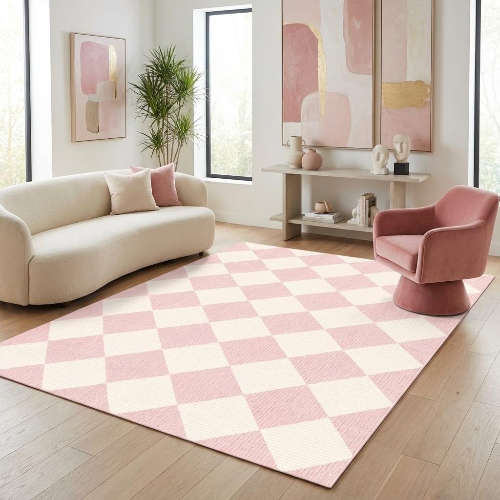 GarveeHome 6x9 Modern Checkered Area Rug, Pink Geometric Farmhouse Washable Rugs for Living Room Bedroom, Soft Low Pile Non Slip Diamond Floor Mat Plaid Print Throw Rug Indoor Carpet