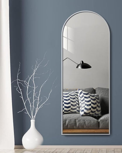 Full Length Mirror, 64"x21" Arched-Top Floor Mirror, Modern Full Body Mirrors with Stand, Wall Mirrors with Aluminum Alloy Frame for Bedroom,Living Room, White