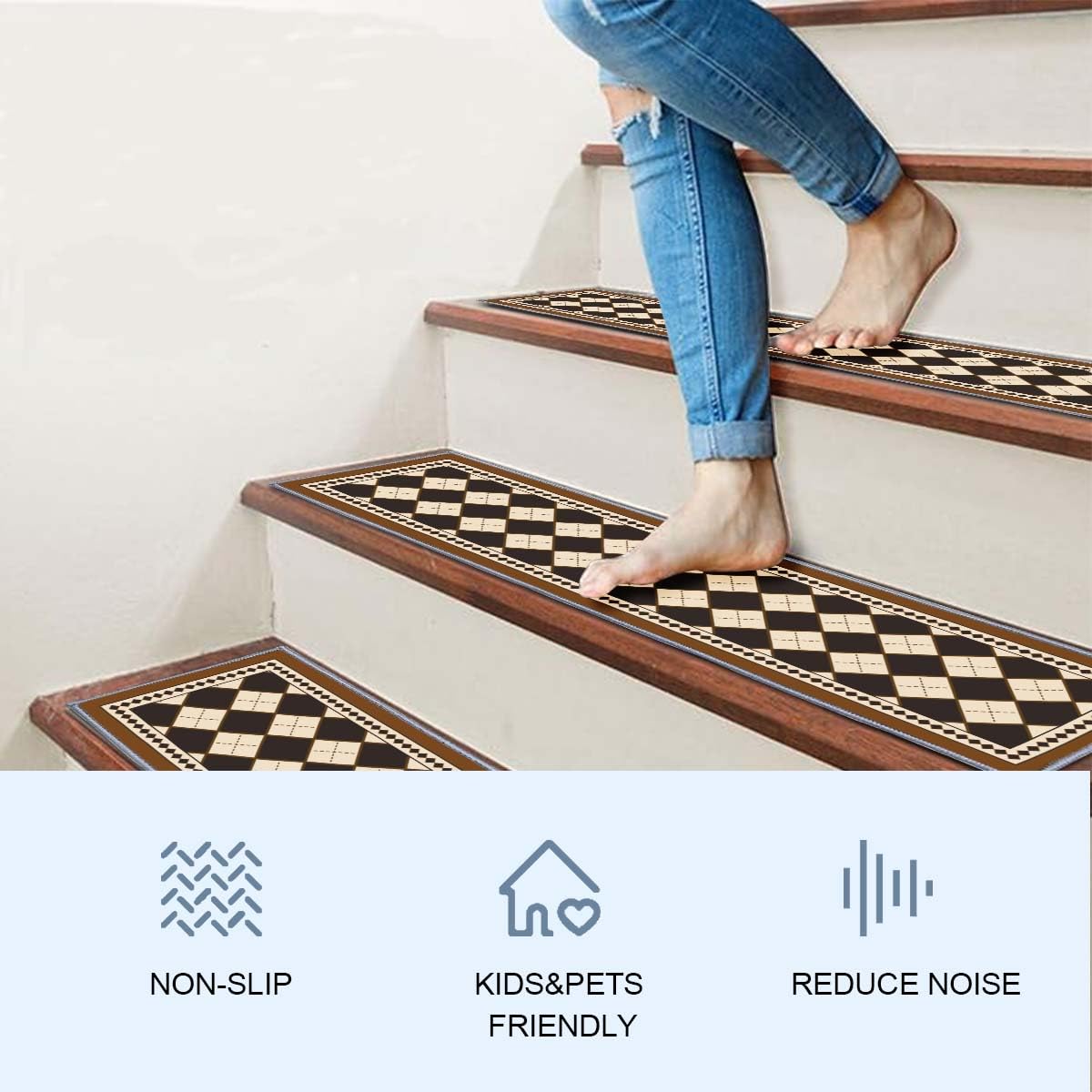 Stair Treads for Wooden Steps, 15 PCS 30"X8" Edging Non-Slip Stair Runner, Indoor Washable and Reusable Stair Treads for Kids Elderly and Pets, Brown