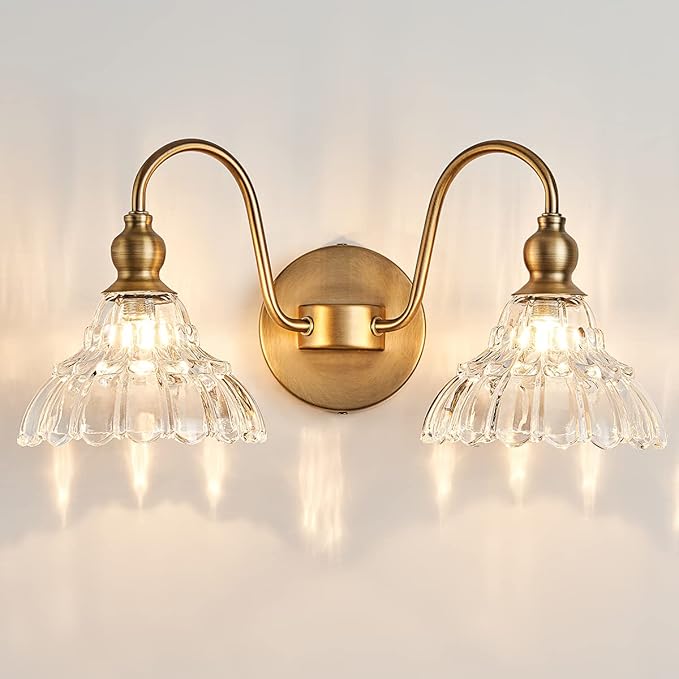 Antique 2-Light Wall Sconce Modern BathroomVanity Light Gold Wall Light Made of Metal Body and Pressed Patterned Glass Retro Vanity Light for Bedroom, Bathroom, Doorway, Foyer, Hallway