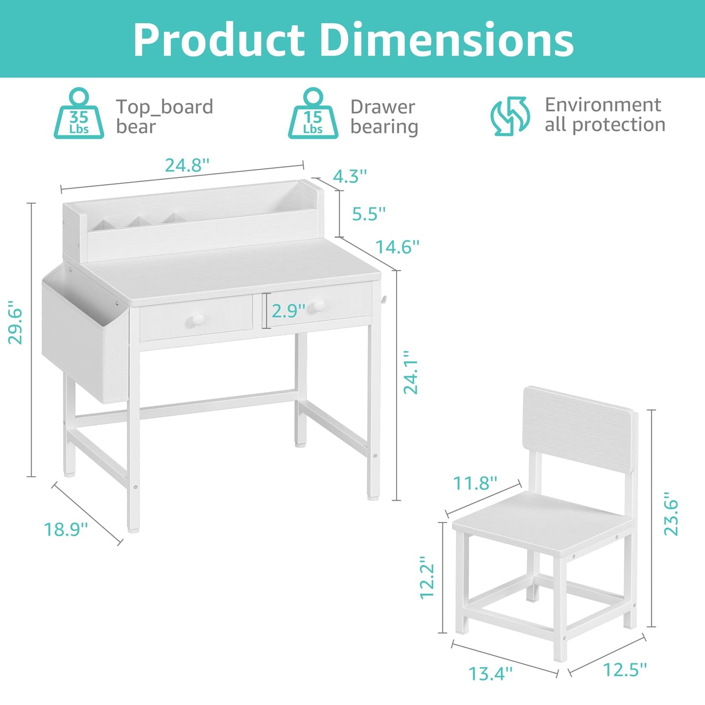 BOLUO White Kids Desk and Chair Set for 5-8 Year Old, Small Child Desk with Fabric Drawer, Children Study Table with Storage Toddler Girls Boys