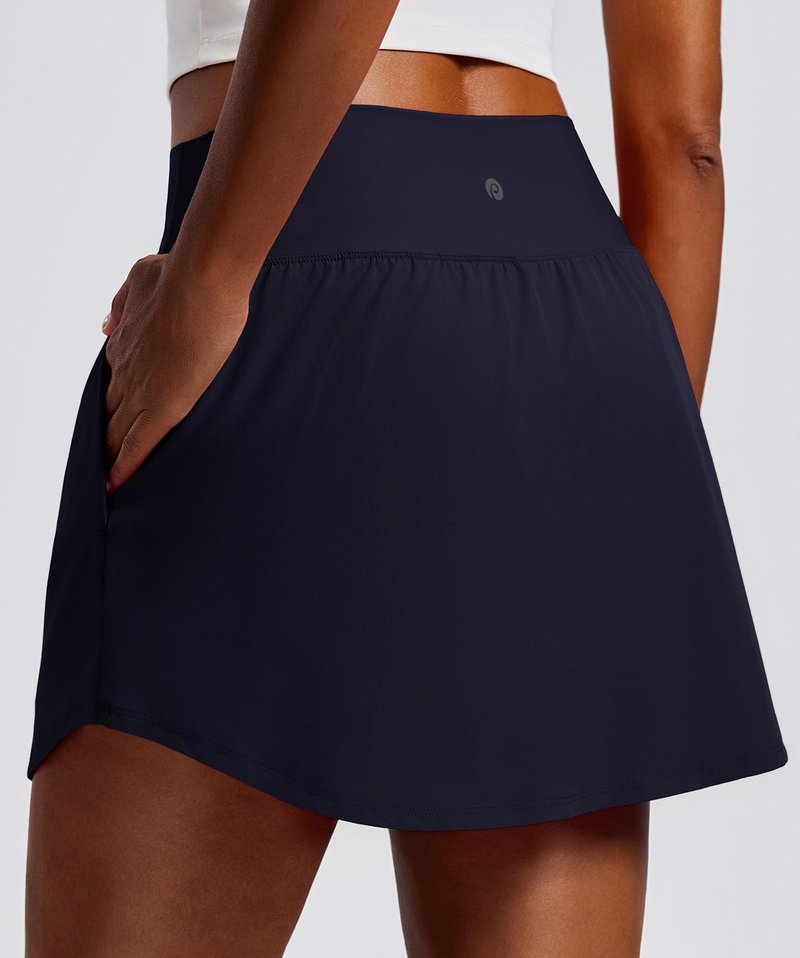 PINSPARK Women's High Waisted Tennis Skirts Lightweight Curved Hem Golf Skorts Skirts for Women with Shorts Pockets, Dark Navy L