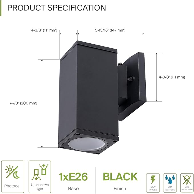 ASD 1 Light Square Dusk to Dawn Outdoor Wall Light Fixture | 60W E26 Socket 120V ETL Cylinder Up Down Lights | LED/CFL/Incandescent Bulb Exterior Wall Sconce | Front Door, Porch, Patio | Black, 2 Pack