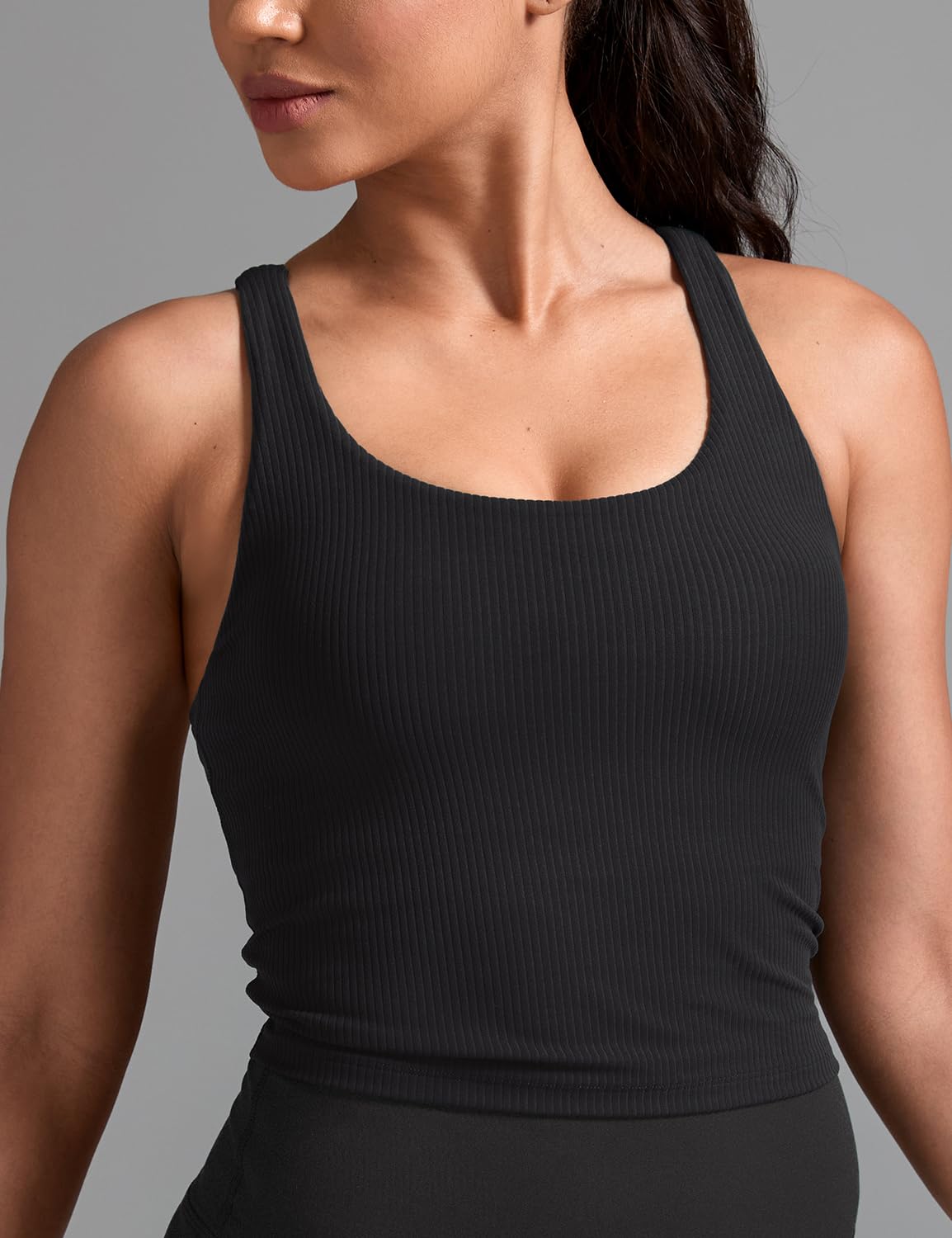 HeyNuts Zeal Longline Ribbed Sports Bras for Women, Medium Impact Wirefree Yoga Tank Tops Criss Cross Back Crop Tops Workout Bras Black M