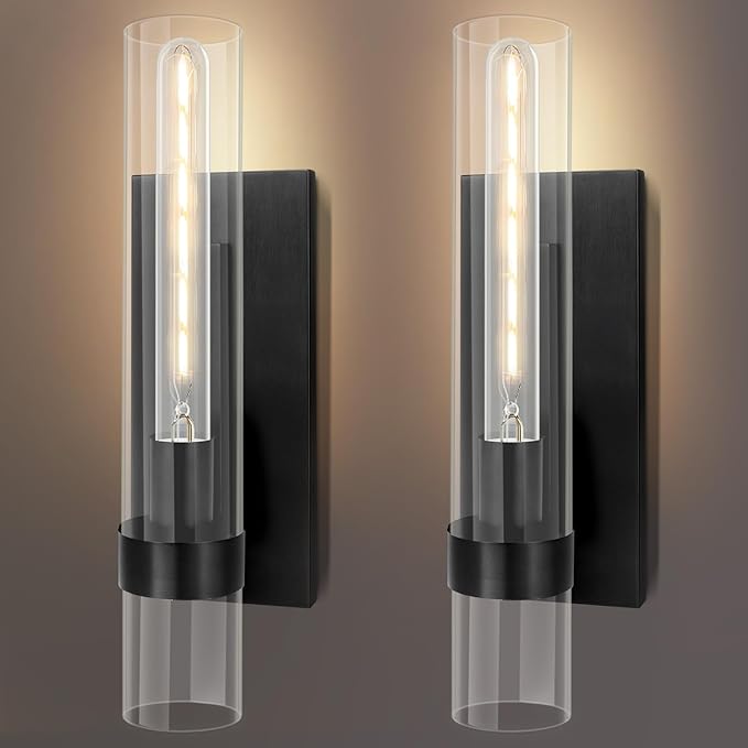Wall Sconces Set of Two,18" Sconces Light Fixture, Black Bathroom Bedside Ligting, Glass Vanity Lights, Indoor Wall Lamps for Bedroom Living Room Hallway Mirror