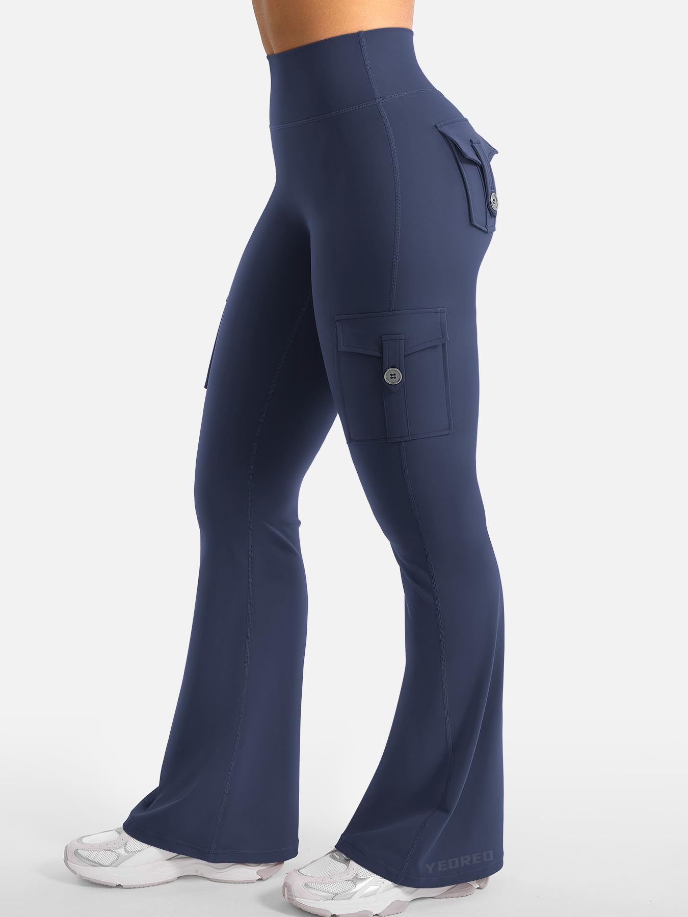 YEOREO CoreFlex Women Workout Flare Leggings with Pockets Hidden Scrunch High Waisted Cargo Gym Yoga Leggings Navy M