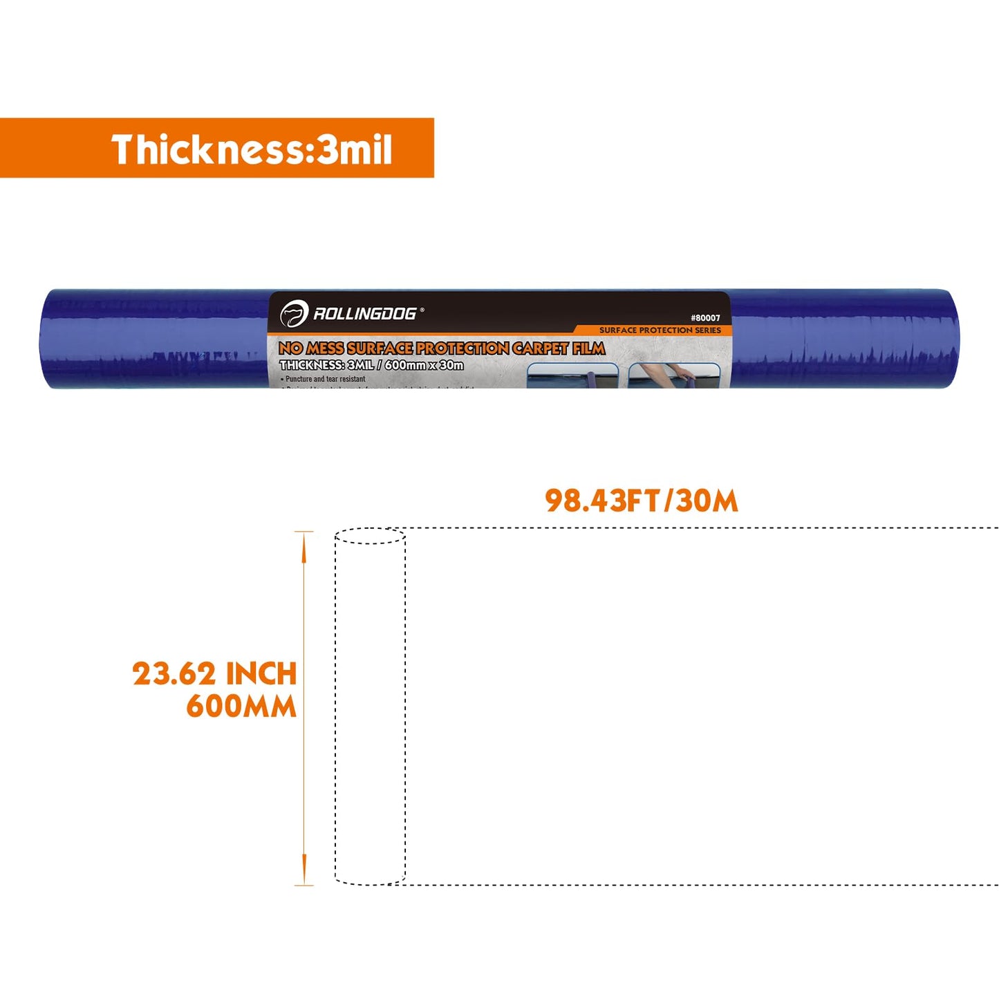 ROLLINGDOG Carpet Protection Film - 23.62 inch x100 ft Plastic Carpet Protector,Protective Film for Carpets