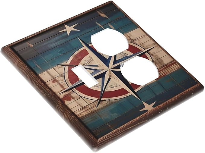 Decorative Art Light Switch Covers Nautical Rustic Star Emblem 2 Gang Single Toggle Duplex Combination Electrical Faceplate Switchplate Wall Plate for Home Decor