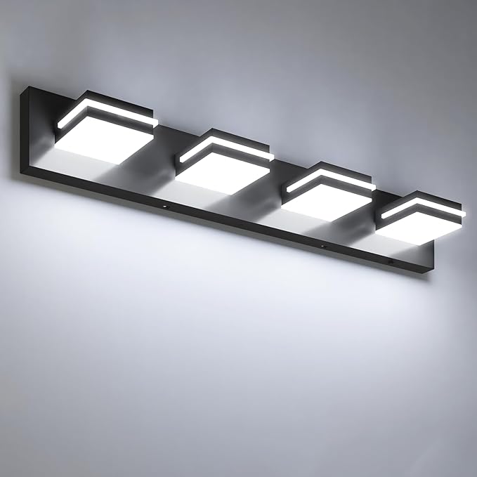 VOLISUN 4 Light Bathroom Vanity Light Fixtures,30 inch Black LED Bathroom Lighting Fixtures Over Mirror, 360°Rotatable Head, LED Vanity Lights for Bathrooms (6000K)