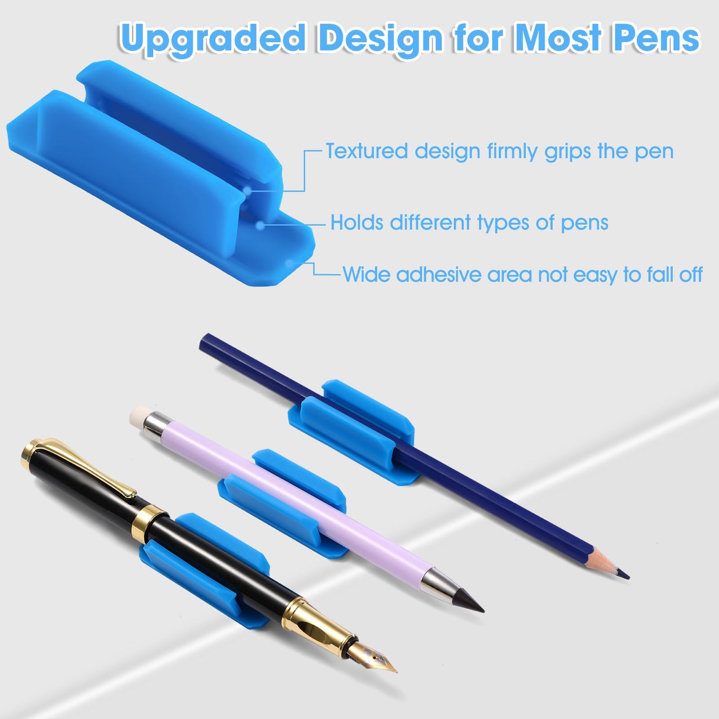 VZZNN Adhesive Pen Holders for Desk Set of 40 - Reusable Silicone Pencil Grips with Strong Sticky Pads, Flexible Pen Holder for Wall, Clipboard, Notebook, Office Essentials & Teacher Supplies (Blue)