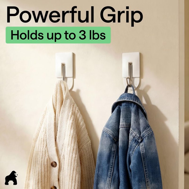 GORILLA GRIP Adhesive Hooks for Hanging, Heavy Duty Self Adhesive Wall Hooks, Damage-Free Removable Metal Hook, No Tools Required, Wall Hanger for Kitchen Bathroom Towel Coat Keys Purse, 5 Pack