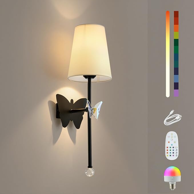 Battery Operated Wall Sconces,Rechargeable Wall Lights with Butterfly Crystal Decorative Sconces,Cordless Battery Sconce Indoor Wall Lamps for Bedroom Living Room Hallway Stairs Black 1 Pack