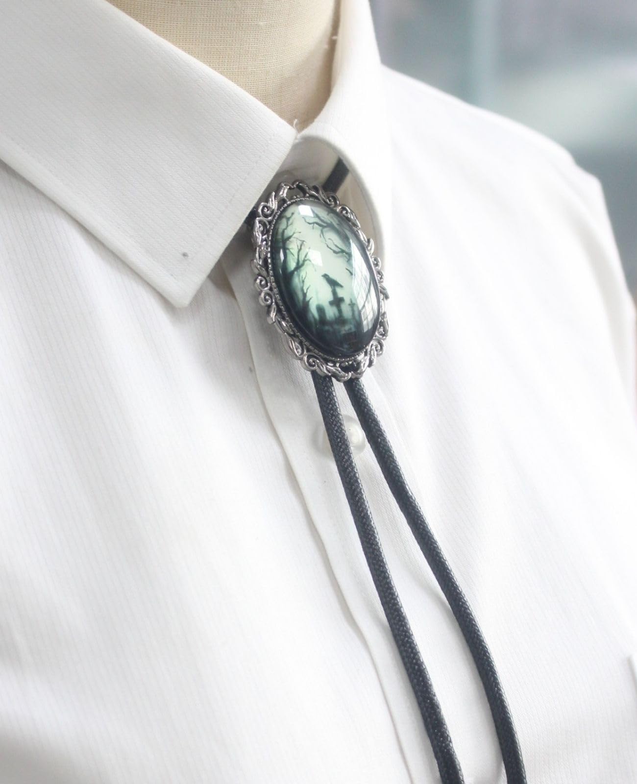 PEARLY JUN Gothic Bolo Tie for Men Women Cameo Western Cowboy Black Cat Bat Witch Vintage Halloween Jewelry Accessories Gifts (Black Cross Crow)