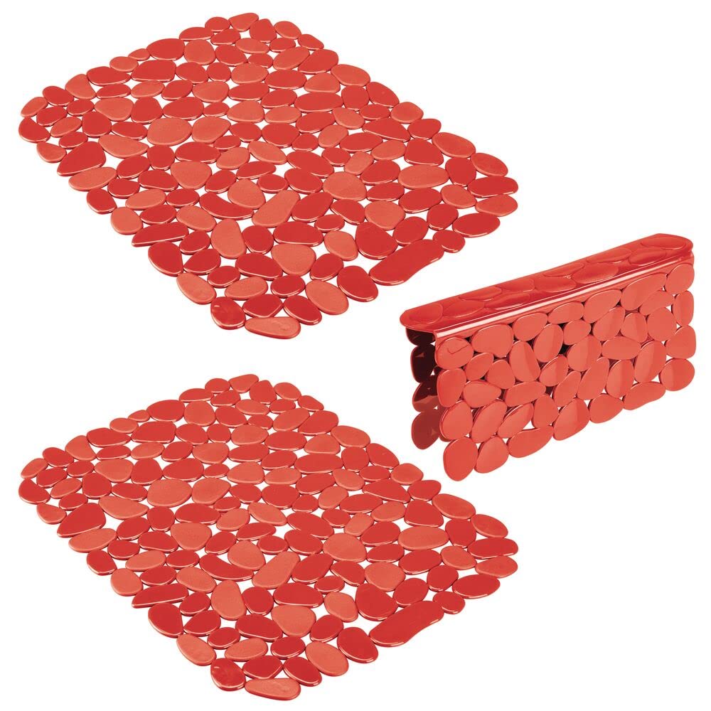 mDesign Adjustable Dish Drying Mat/Grid - Soft Plastic Sink Protector, Cushions Sinks & Dishes - Quick Draining Pebble Design - Set of 3 - Red