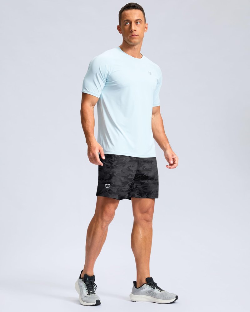 G Gradual Men's Athletic Running Shorts with Zipper Pockets Quick Dry 7"/ 5"/ 9" Workout Gym Shorts for Basketball Hiking(Grey Camo,5M)