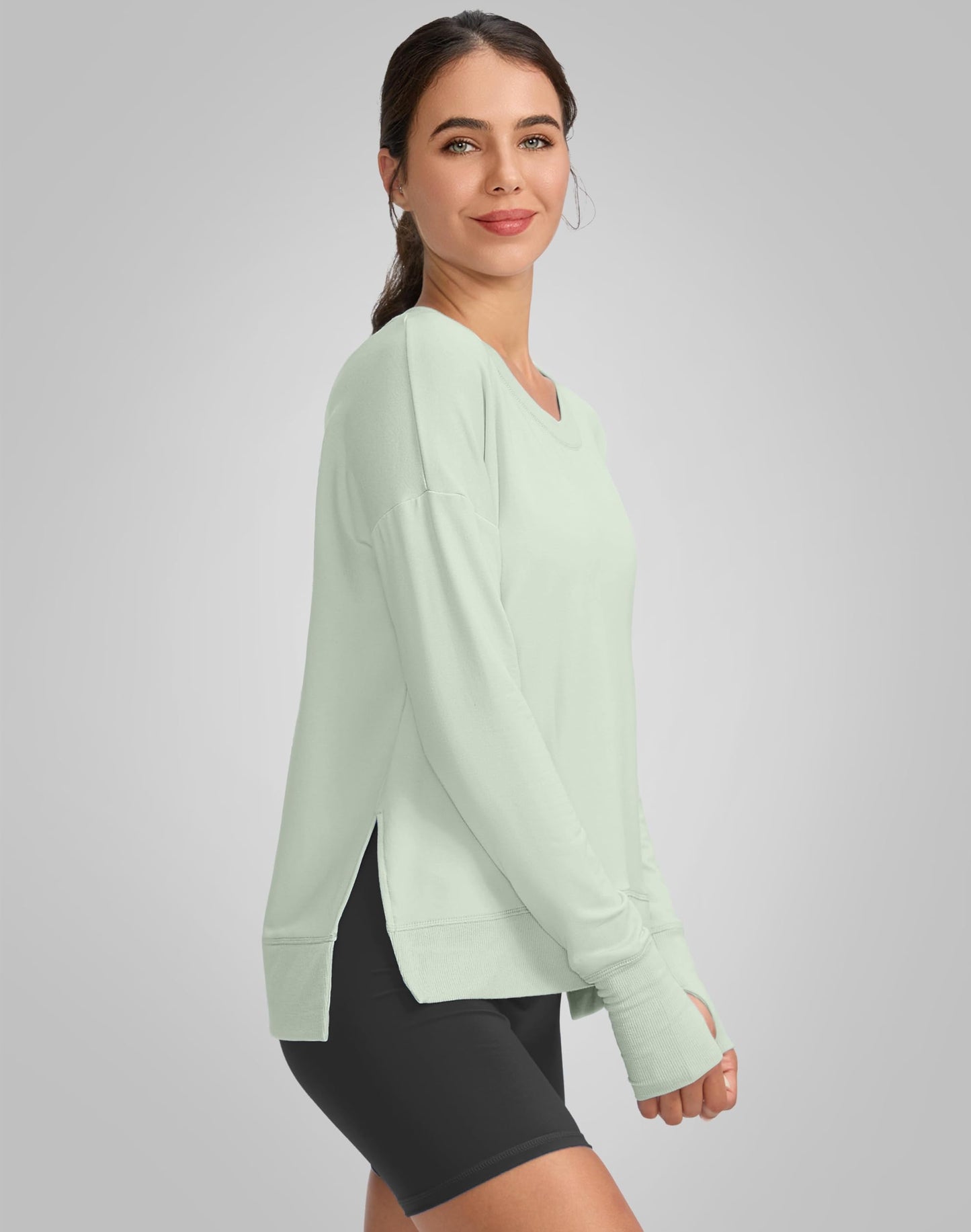 G Gradual Sweatshirt for Women Buttery Soft Yoga Tops Crewneck Modal Pullover Shirts Side Slit Thumb Holes (Light Green, X-Large)