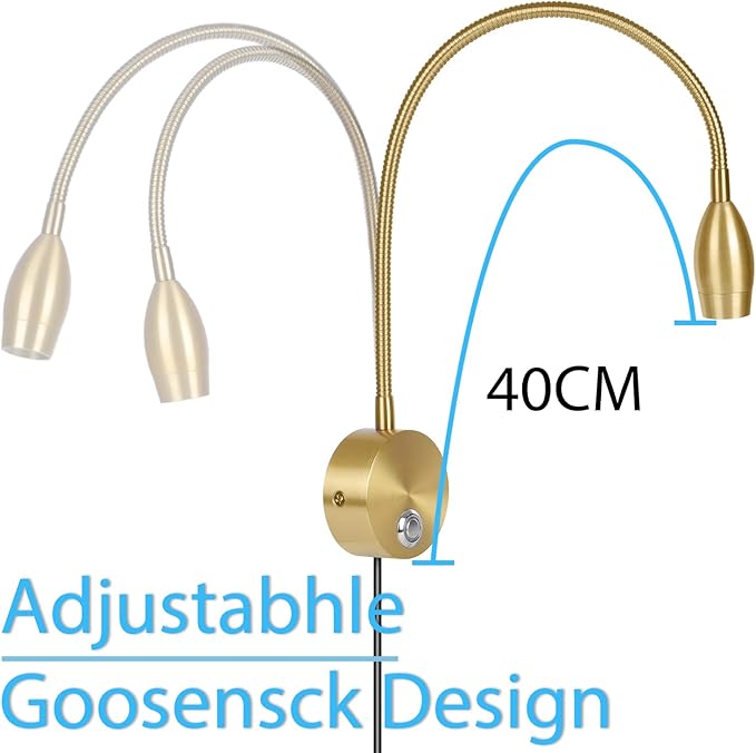 Adust Bedside Reading Light, Bedroom Reading Lamp, 3W LED Touch Dimmable Brightness Minimalist Wall Headboard Reading Lamp, Adjustable Colour Temperature, 3000k, 4000k, 6000k (Gold (2-Pack))