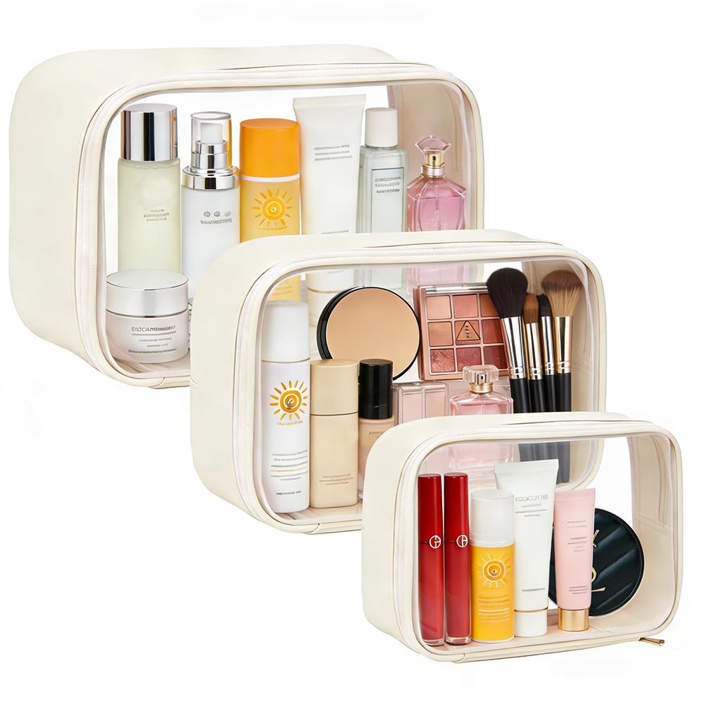 FFpaw Travel Clear Makeup Bag Set for Women, 3 Pack Travel Size Toiletry Bag with Zipper Small Makeup Pouch for Purse Waterproof Portable Cosmetic Case Compact Car Organizer Storage Bag (Beige Set)