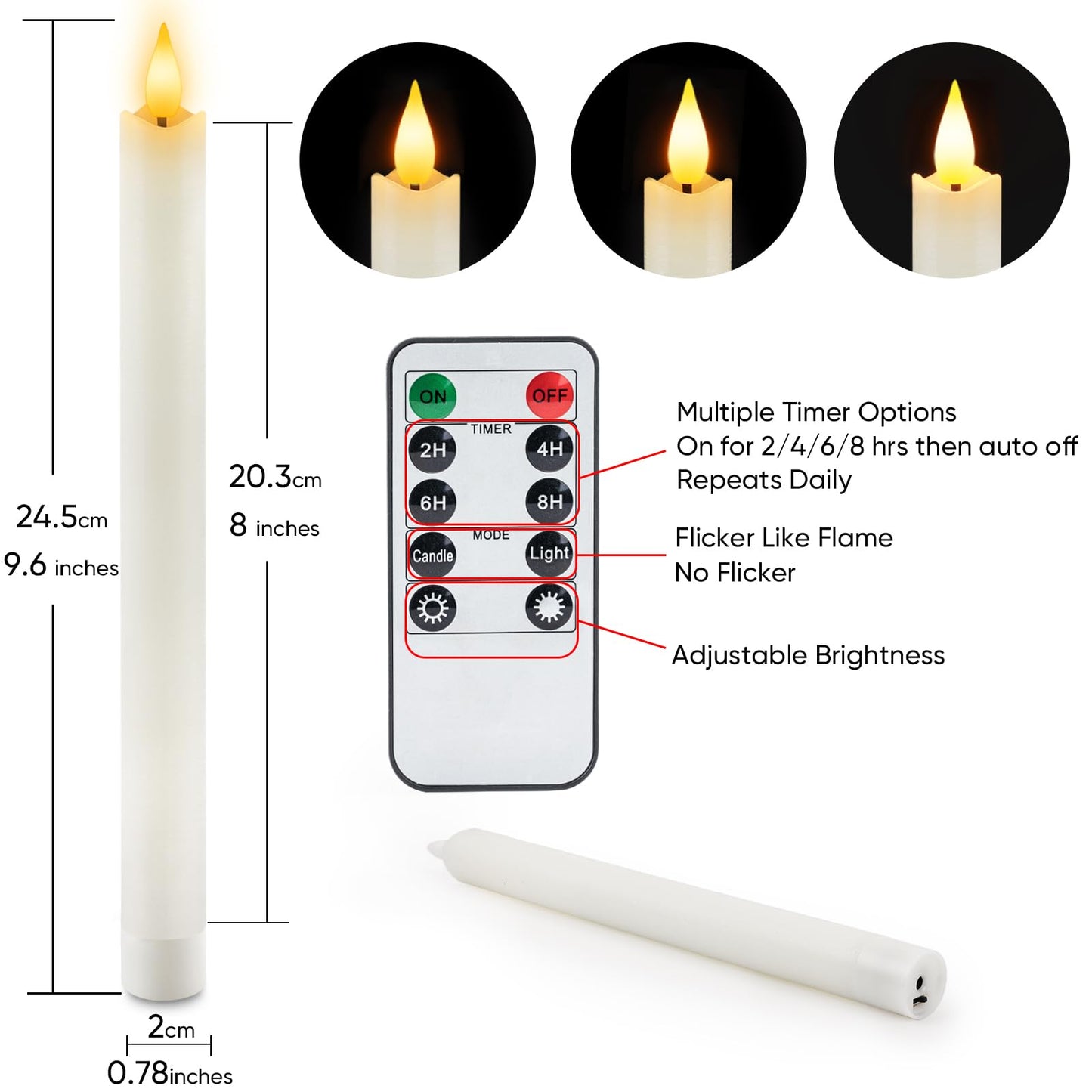 Homemory Rechargeable Flameless Taper Candles, Real Waxy LED Candlesticks Flickering, Battery Operated Candles with Remote Timer, 9.6 Inches for Home Wedding Christmas Decor, 6 Pcs, White
