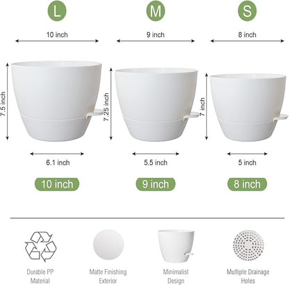 10/9/8 inch Self Watering Pots, Set of 3 Plastic Planters with Mesh Drainage Holes and Deep Reservoir for Indoor Outdoor Garden Plants and Flowers, White