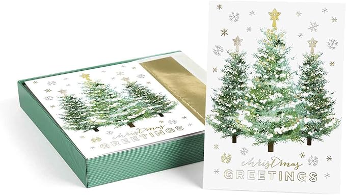 Masterpiece Gold Trimmed Trees Christmas Cards / 16 Boxed Seasons Greetings Holiday Cards Set With Coordinating Gold Foil Lined Envelopes / 5 5/8" x 7 7/8" Folded Winter Greeting Cards With Inside