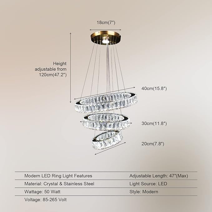 FRIXCHUR Modern LED Chandeliers Crystal Pendant Light 3 Ring Chandelier Hanging Crystal Ceiling Light Fixture Adjustable Pendant Light for Living Room Dining Room Bedroom Foyer Gold (Cool White)