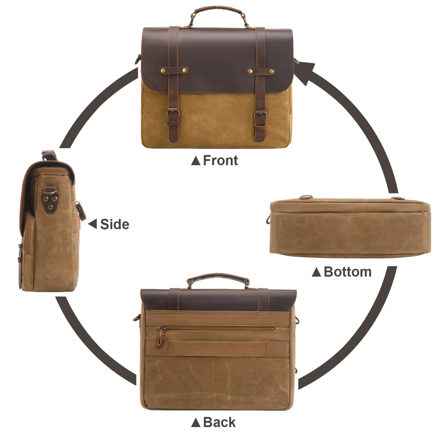 Men's Messenger Bag Waxed Canvas Briefcase 16 Inch Vintage Genuine Leather Computer Laptop Bags Waterproof Satchel Shoulder Bag for Work/Business/Office