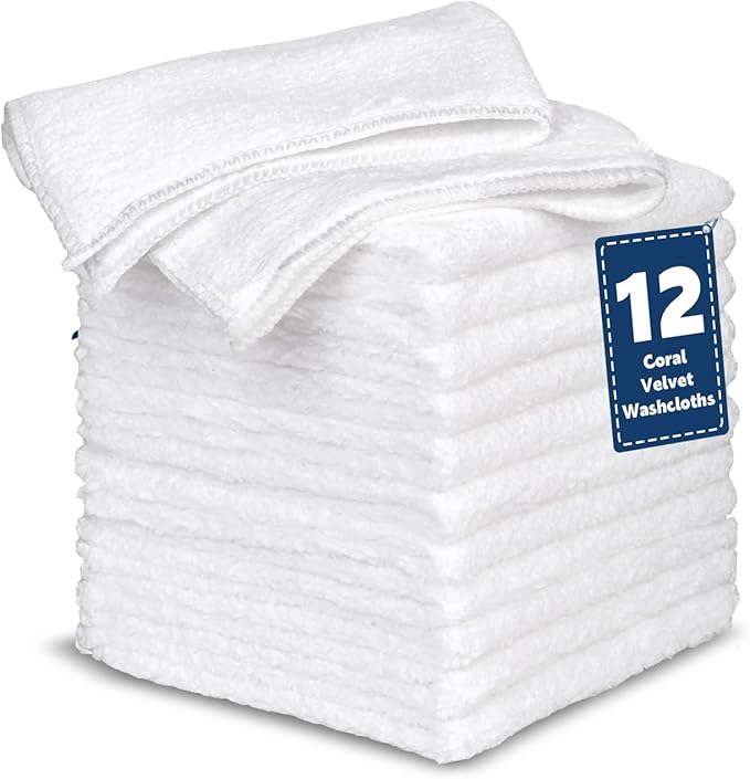 Coral Velvet White Washcloths 12 Pack, Highly Absorbent and Soft White Face