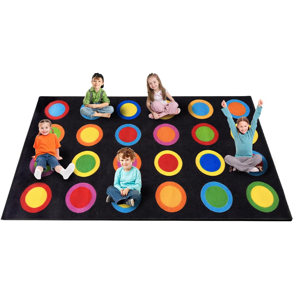 MAISONRINA Large Classroom Rugs Elementary 7'7''x13',Daycare Rug with Colorful Rings,Black Classroom Rug for Preschool & Kindergarten, Seating Spots Rugs for Kids Room & Playroom - Seats 24