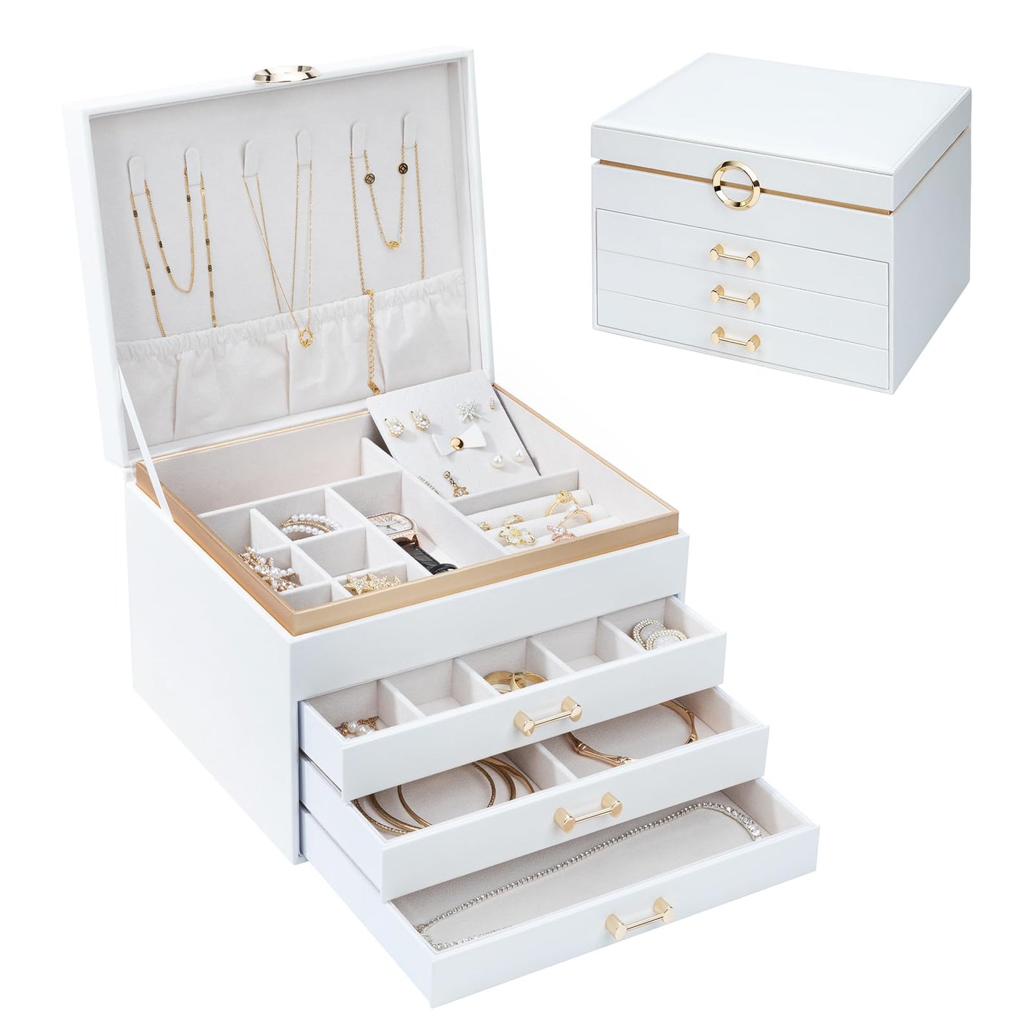 V-LAFUYLIFE Jewelry Box for Women,4-Layer Leather Jewelry Holder Organizer with 3 Drawers Large Jewelry Storage Boxes, Lots of Storage Space For Ring,Necklace,Bracelets,Earring（White）