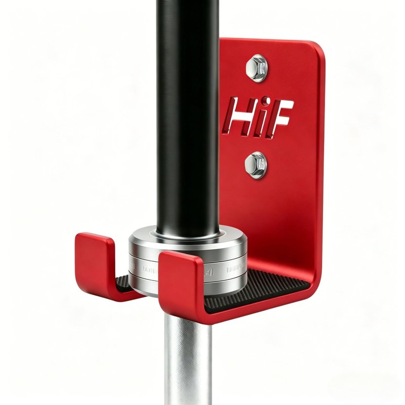 HIFLAME Single Barbell Wall Mounted Holder, 5MM Thick Steel Olympic Barbell Rack, Vertical Hanging Bar Storage, Fits Bar Size Under 33mm, Space Saving for Home Garage Gym Fitness (Red)