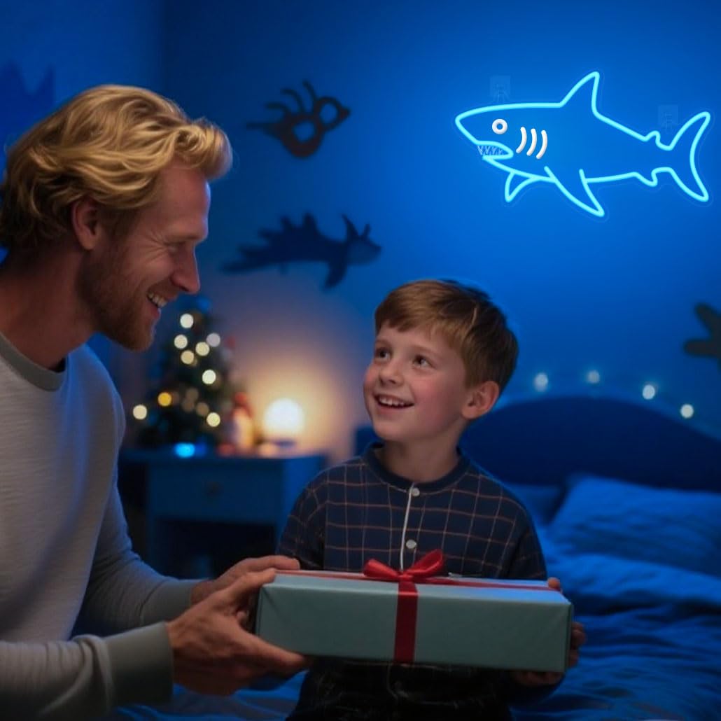 CoolGift Mart Shark Neon Sign, Dimmable LED Shark Light Animal Wall Decor, Christmas Gift White Elephant Gifts for Boys Men, Bedroom Living Room Man Cave Home Decoration With USB Powered
