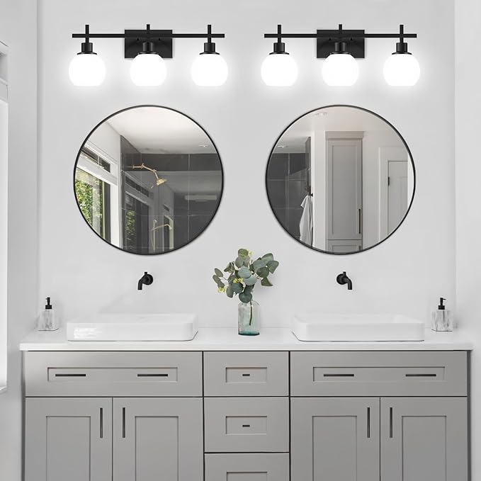 Modern Vanity Lighting Fixtures,3-Light Black Bathroom Lighting Fixtures Over Mirror，Bathroom Wall Mounted Vanity Light with Milky White Glass Lampshade for Living Room，Bedroom，Hallway