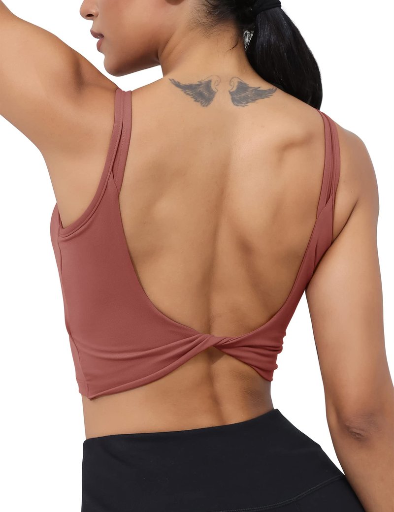 LUYAA Sports Backless Bra for Women Padded Crop Workout Tops Summer Cute Gym Yoga Tank Longline Cami Bra Red XL