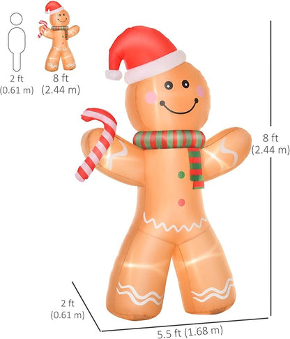HOMCOM 8ft Christmas Inflatable Gingerbread Man with a Candy Cane, Outdoor Blow-Up Yard Decoration with LED Lights Display