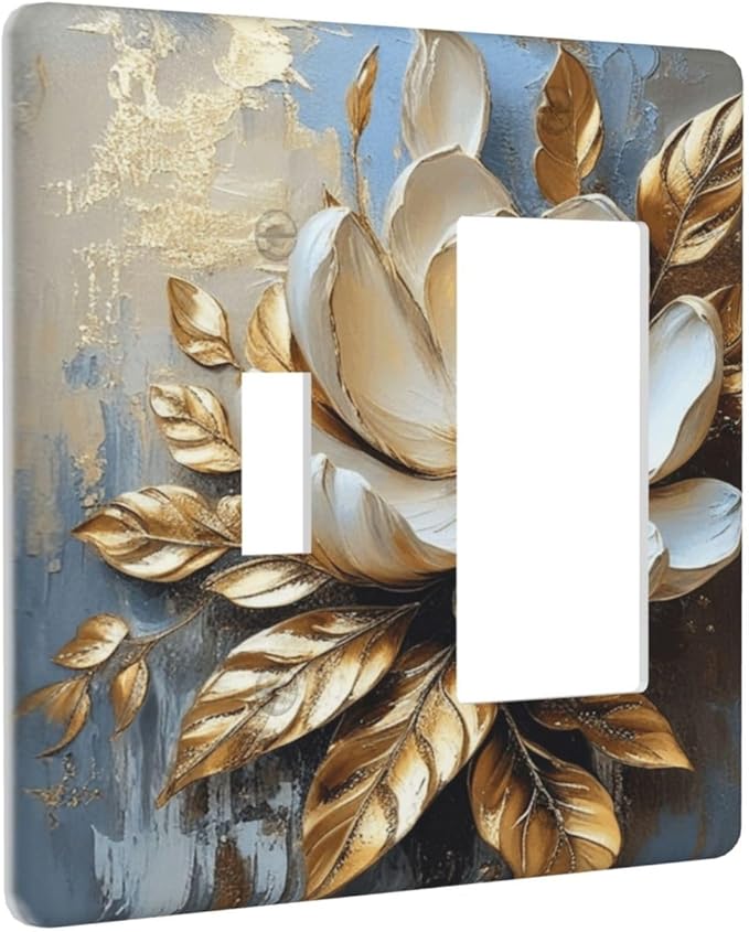 Decorative Art Light Switch Covers Gilded Bloom 2 Gang Single Toggle Rocker Combination Electrical Faceplate Switchplate Wall Plate for Home Decor