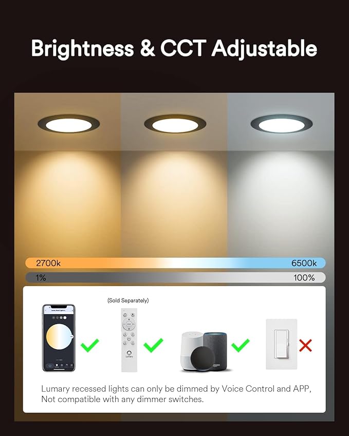 Lumary Black Smart Recessed Lighting 6 Inch, Color Changing LED Recessed Lights with J-Box 13W 1000LM, Dimmable Canless Wafer Downlight, Compatible with Alexa/Google Assistant, ETL Listed, 1 Pack