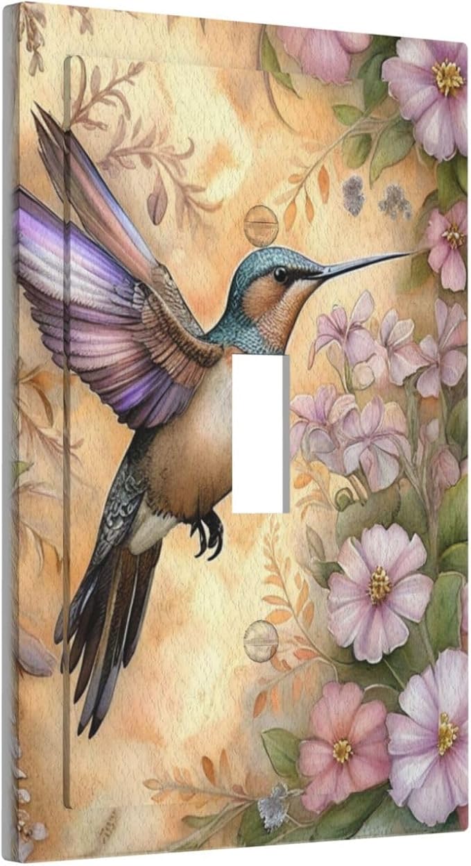 Decorative Art Light Switch Covers Blossom & Hummingbird Single Toggle Wall Plate Decorative Switchcover Electrical Switchplate for Home Decor