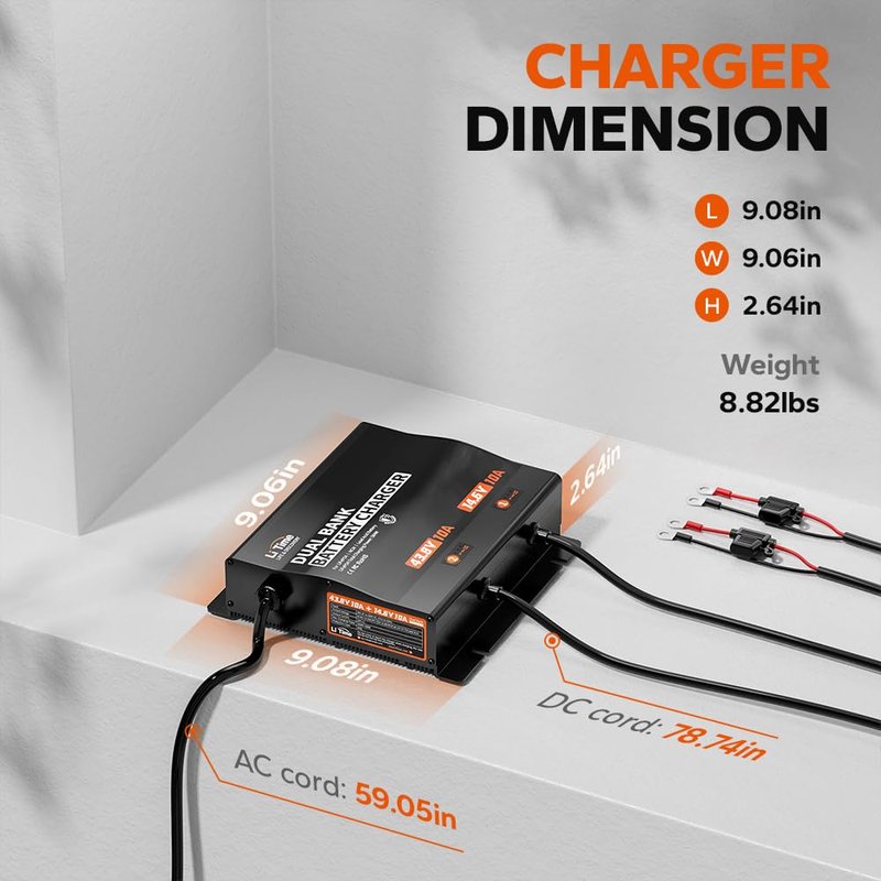 LiTime 2-Bank(43.8V 10A & 14.6V 10A) Lithium Battery Charger for 36V(38.4V)/12V(12.8V) LiFePO4 Battery, AC-DC Smart Charger with IP65 Waterproof, LED Indicator for Boat, Golf Cart, RV and Home