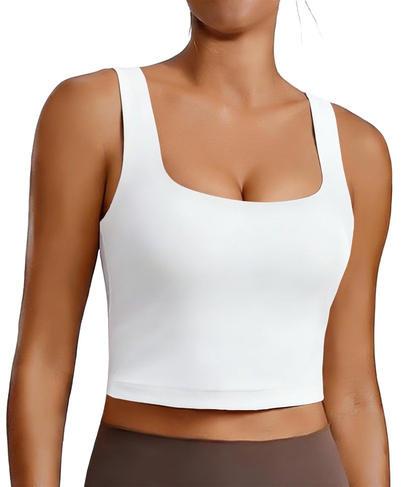 PINSPARK White Sports Bras for Women Wirefree Padded Tank Tops Square Neck Sport Bra Longline Yoga Tops Workout Crop Tank Built in Bra Light Support Medium,White