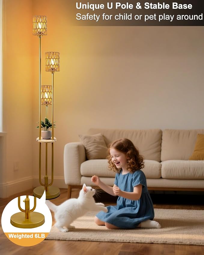 Lightdot Boho Floor Lamp with Shelves, 3-Lights Farmhouse Gold Dimmable Floor Lamp Candle Holder Style, Rustic Tall Standing Lamp with Rattan Shades for Living Room Bedroom Home Office