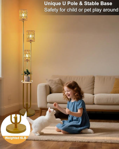Lightdot Boho Floor Lamp with Shelves, 3-Lights Farmhouse Gold Dimmable Floor Lamp Candle Holder Style, Rustic Tall Standing Lamp with Rattan Shades for Living Room Bedroom Home Office
