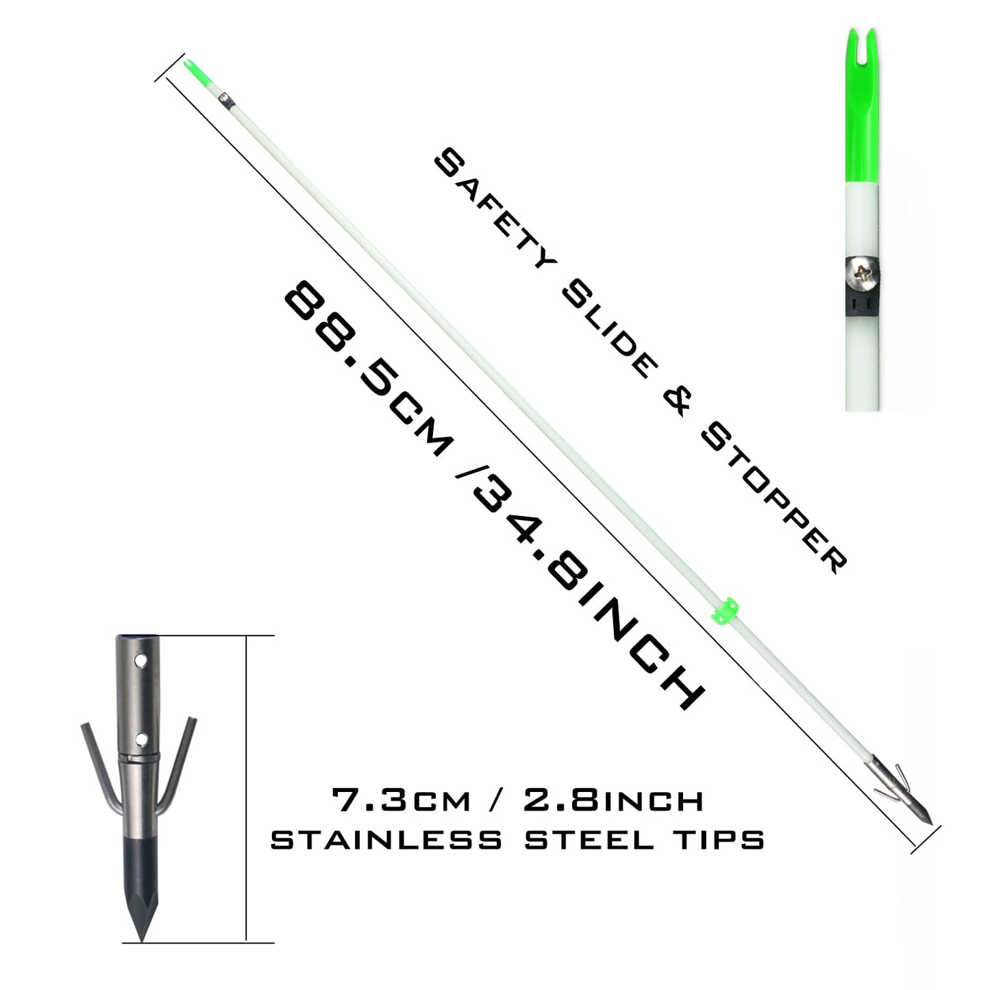 TIGER ARCHERY 34inch Bowfishing Arrows Solid Fiberglass Shaft with Broadhead for Compound Bow and Recurve Bow Fishing Arrow Archery and Hunting (Pack of 6) (White)