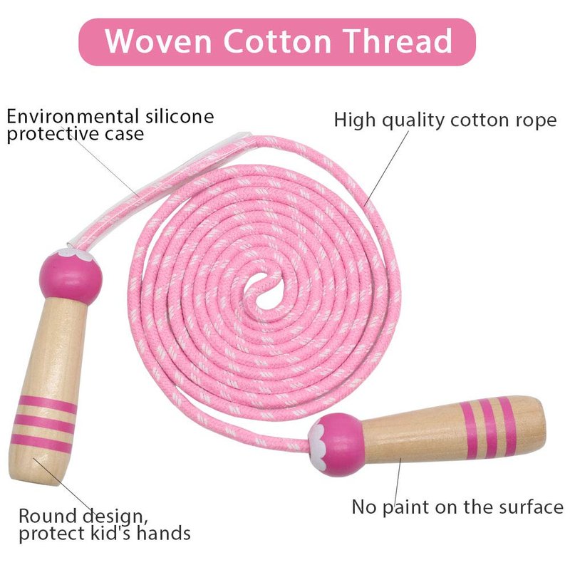 Jump Rope Kids, 7ft Adjustable Cotton Skipping Rope with Wooden Handle for Boys and Girls Fitness Outdoor Exercise(Pink)