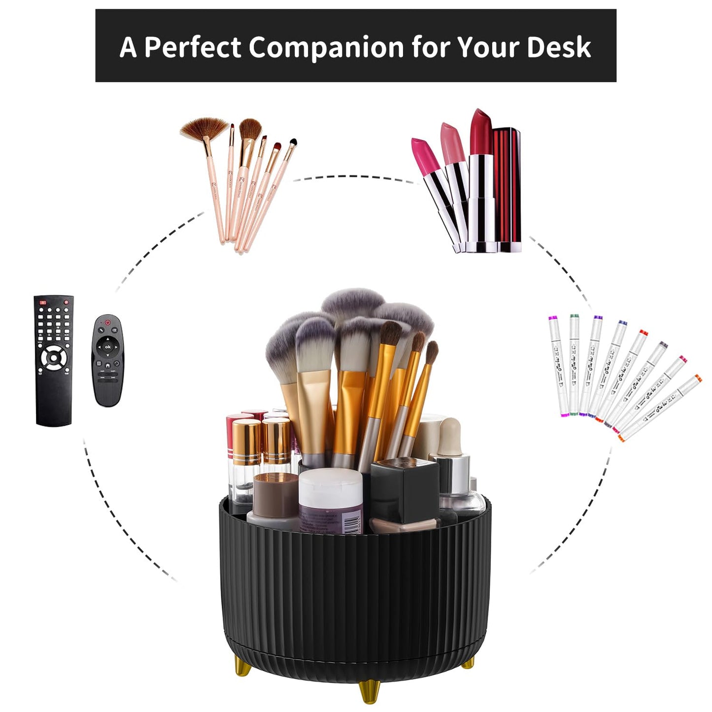 Marbrasse Desk Organizer, 360-Degree Rotating Pen Holder, Desk Organizers and Accessories with 5 Compartments Pencil Holder, Art Supply Storage Box Caddy for Office, Home (Black)